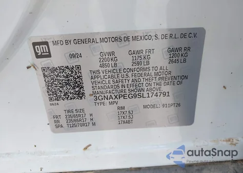 2025 Chevrolet Equinox Awd Lt из США, поврежденный, VIN 3GNAXPEG9SL174791